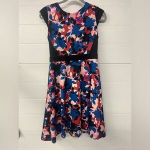 Wisp Petite Womens Black Multicolor Floral Print Cap Sleeve A-line Midi Dress